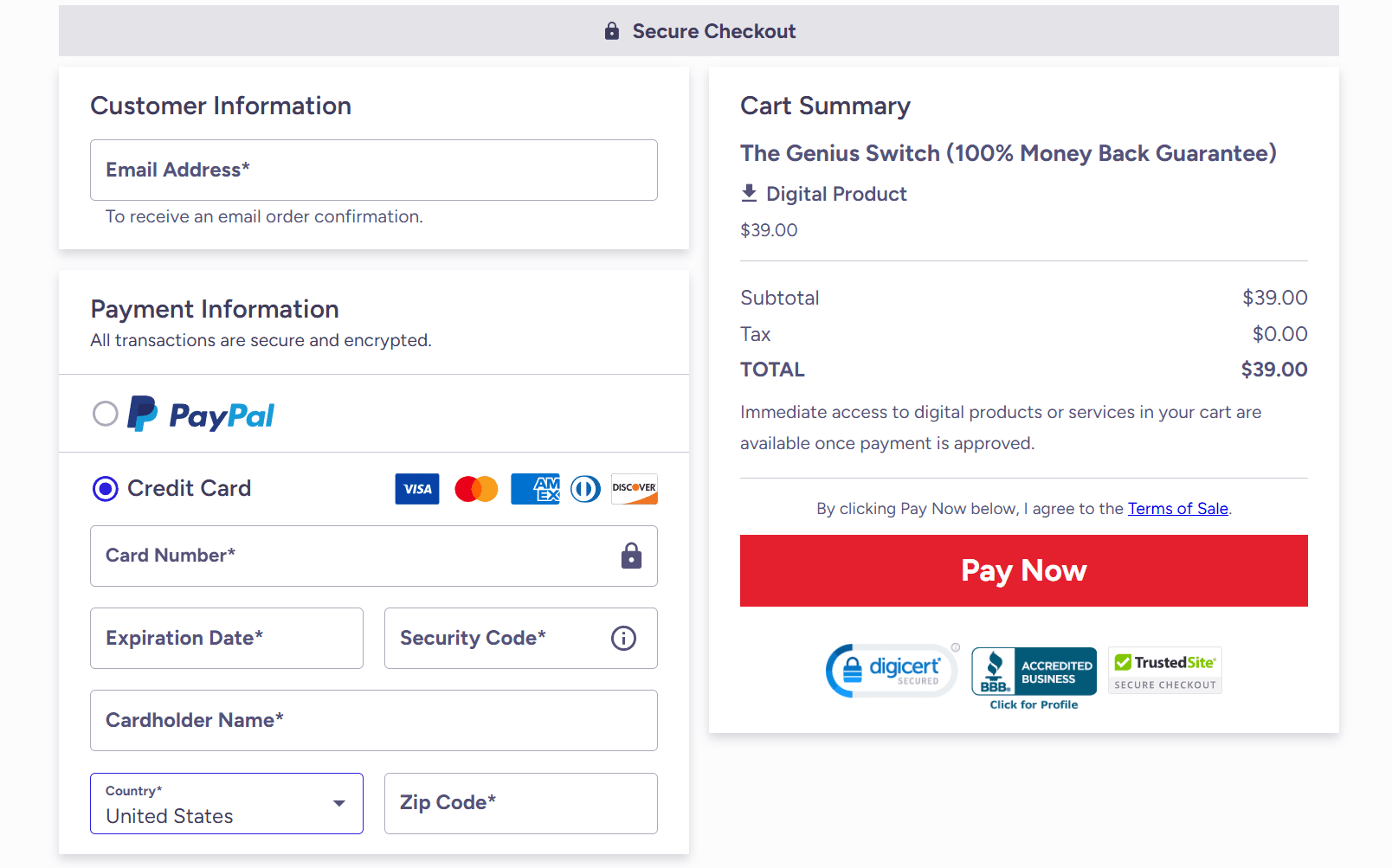 The Genius Switch Checkout Page